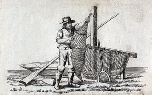Pescador e rede de pesca. Gravura fina do século XVIII. Colecção privada. de Unknown artist