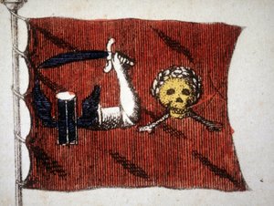 Bandeira dos piratas bárbaros, gravada em finais do século XVIII. de Unknown artist