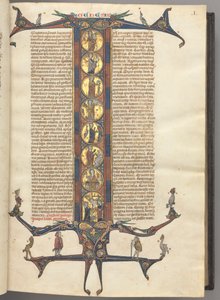 Fol. 1r, Génesis, com a inicial I historiada a todo o comprimento, representando a Criação e a Crucificação, tudo sobre fundo dourado polido, com molduras rosa e azul frisadas e prolongamentos em cúspide de dragão e folhagem na parte superior e inferior, s de Unknown artist