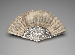 Leque dobrável com Jacob encontrando-se com Rachel perto do poço, c.1760s-70s (guache e aquarela em uma única folha de pergaminho, madrepérola, douramento e gemas de pasta) de Unknown artist