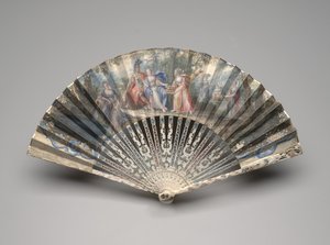 Leque dobrável com tema clássico, possivelmente uma alegoria do casamento, c.1750s-60s (guache em folha de pergaminho, marfim, douramento, guache e latão) de Unknown artist