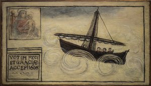 Ex-voto (ex voto) marinheiro, oferta popular como penhor de devoção e gratidão do marinheiro sobrevivente aos perigos do mar vindos da Igreja de Carmine, Torre del Greco, perto de Nápoles 1608 Itália de Unknown artist