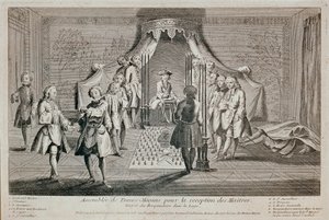 Franc-Maconnerie: "Assembléia de Francs Macons para a recepção dos mestres" Cerimônia de entrada do destinatário no hotel. Ele é representado à esquerda, com o segundo supervisor apontando para ele uma adaga macônica. O Grão-Mestre está no de Unknown artist