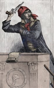 Revolução Francesa: Retrato de Jean Paul Marat (1743-1793), deputado Montagnard na Convenção, ramifica uma pistola no pódio - de Unknown artist