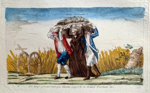 Revolução Francesa: "O tempo presente exige que todos carreguem o grande fardo" Um camponês, um membro do clero e um soldado que carrega três o peso da dívida nacional. Cartum do fim do século XVIII Paris, Musee Carnavalet de Unknown artist