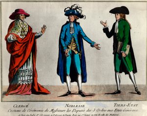 Revolução Francesa: representação dos delegados das três ordens nos Estados Gerais em traje cerimonial: o clero, a nobreza e o terceiro Estado (Estados Terceiros). Impressão do final do século XVIII Coleção Privada de Unknown artist