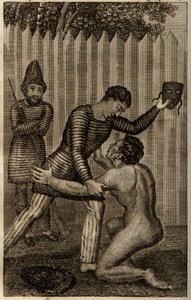 Sexta-feira é jogada nos braços de Robinson Crusoe, gravura inserida em “Les aventures de Robinson Crusoe” de Daniel Defoe de Unknown artist