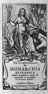 Frontispício de "De monarchia hispanica" (A monarquia da Espanha) do filósofo italiano Tommaso Campanella (1568-1639). 1683 de Unknown artist