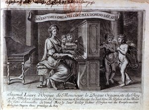 Frontispício do segundo livro de órgãos do Sr. Nicolas Lebègue. Compositor francês de 1631 a 1702. Organista ao serviço de Luís XIV. Paris BNF de Unknown artist