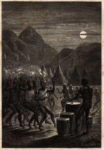 Cerimônia funerária entre os Lakutas (tribo localizada na região do Alto Nilo), tambores e danças rituais ao luar. Engravure pour illustration le voyage au lac Albert, en 1861-1864, de Sir Samuel White Baker, in "Le tour du monde, nouveau journal des de Unknown artist
