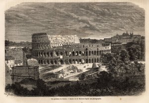 Vista geral do Coliseu, em Roma, anfiteatro flamengo concluído em 80, sob o reinado do Imperador Tito, acomodando até 75.000 pessoas, permaneceu em serviço até o século VI, símbolo da Roma imperiosa, localizada a leste do Fórum Romano, é de Unknown artist