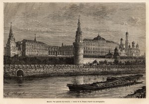 Vista geral do Kremlin, o centro geográfico de Moscou e o centro político da Rússia, o bairro construído no século XIV sempre foi expandido e restaurado em todas as periferias históricas do país. Gravura para ilustrar La Rus de Unknown artist