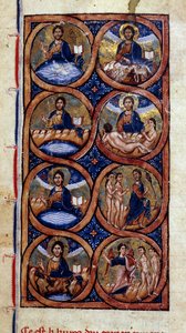 Gênesis: representação das diferentes etapas da criação do mundo (cosmogonia). Miniatura de um manuscrito "História Universal" do século XIII. Biblioteca Municipal de Dijon de Unknown artist