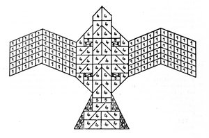 Geometria das Sulbasutras: planta do altar de fogo em forma de falcão. Esquema matemático referente às regras de construção dos altares sacrificiais do período védico da Índia (1500-500 a.C.). Revista da Sociedade Asiática de Bengala por de Unknown artist
