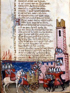 Canção dos gestos: cena de batalha perto de uma cidade fortificada. As tropas de Carlos Magno (742-814) lutaram contra os mouros da Espanha. Miniatura retirada do manuscrito franco-italiano "Entreée d