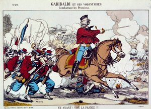 Giuseppe Garibaldi (1807-1882) lutando com os seus voluntários contra os Prussianos. "Avante, longa vida à França" Por volta de 1871. Gravura B.N. Paris de Unknown artist