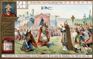 Grandes conquistadores: retrato de Carlos Magno (742 ou 747-814) e seu encontro com o Papa Leão III (750-816) no acampamento Paderborn (Alemanha), em 799 - Cromolitografia de Liebig de Unknown artist