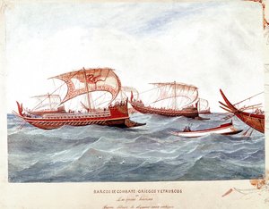 Navios de guerra gregos e etruscos (Watercolour de Unknown artist