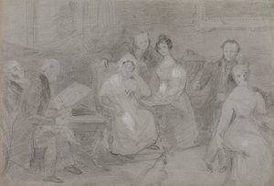Grupo de figuras, com um homem a pintar em aguarela e uma rapariga a dar chávenas de chá de Unknown artist