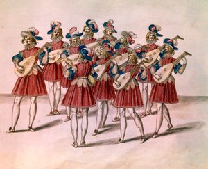 Grupo de músicos tocando alaúde. Aquarela e caneta de Daniel Rabel (1578-1637) do álbum "Chateau de Bicetre" Paris do século XVII, Museu do Louvre de Unknown artist