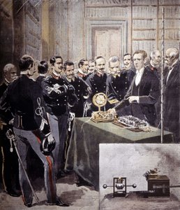 Guglielmo Marconi apresentou o telégrafo sem fio (TSF) em uma conferência no Ministério da Marinha em 1897. de Unknown artist