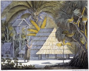Habitat nas Ilhas Radak, arquipélago das Ilhas Marshall. Gravura do século XIX. de Unknown artist