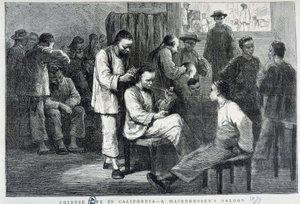 Salão de cabeleireiro na comunidade chinesa da Califórnia - gravura de Unknown artist