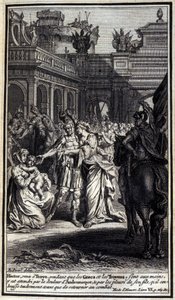 Hector, que veio a Tróia enquanto os gregos e os troianos estavam em suas mãos, foi afligido pela dor de Andromaque e pelo choro de seu filho, a quem ele beijou ternamente antes de voltar para a batalha. Ilustração do livro VI da Ilíada de Homero, Fren de Unknown artist