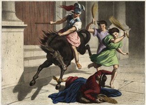 Heliodoro (Heliodoros) foi expulso do templo: por ordem do seu governante, ele tentou, sem sucesso, tomar os tresors do templo de Jerusalém. Gravura anónima de meados do século XIX. de Unknown artist