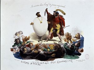 O prato sublime e romântico de Hernani - desenho animado sobre a peça de Victor Hugo "Hernani" ("A Batalha de Hernani"), litografia anónima de Unknown artist