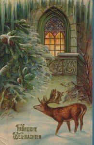 Cartão de Natal Histórico com motivo de Inverno com Stag e Igreja de Unknown artist