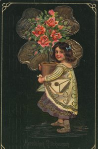 Cartão de saudação histórico com uma criança e uma grande planta em vaso, rosa de Unknown artist
