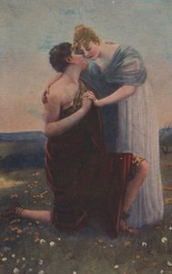 Cartão de saudação histórico com motivo histórico, mulher e guerreira da Idade Média de Unknown artist