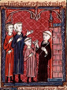 História do Direito Canónico: "Dois pais levando seu filho a um mosteiro" Miniatura tirada do "Decret de Gratien" ("Concordia discordantium canonum" ou "Decretum Gratiani") datada de 1140 e regulando as leis e os cânones da Igreja Católica Romana. 1 de Unknown artist