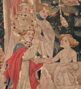 História de São Piat e Santa Eleutério, Cena 12: A ressurreição da filha do tribuno (Como Jehsucristo recuperou o bom santo e ressuscitou por tímida a filha do tribuno apresenta seu pai e o comum). Detalhe. de Unknown artist