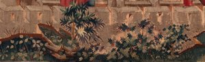 História de Saint Piat e Saint Eleuthère, Cena 5 Detalhe deixado abaixo. Muros da cidade e arbustos. de Unknown artist