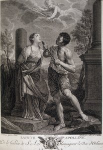 Santa Appoline durante as perseguições fica com os dentes partidos porque se recusou a prestar homenagem aos deuses romanos. Gravura do século XVII. de Unknown artist
