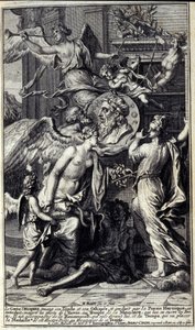 O génio de Homere, segurando a sua Ilíada e a sua Odisseia, e conduzido por uma poesia heróica, é apresentado, apesar dos esforços da Inveja, ao templo da memória, que abre as suas portas. Ele é acompanhado pelo Renommee que voa diante dele, e o Tempo, que de Unknown artist
