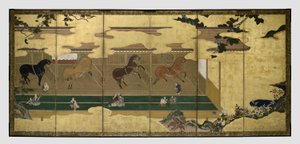 Cavalos nos estábulos (Umaya-zu byobu) de Unknown artist