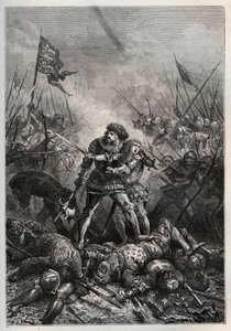 Guerra dos Cem Anos: Rei de França João II o Bom e seu filho Felipe II de Borgonha (1342-1404), conhecido como "Philippe le Hardi", combatendo os ingleses na Batalha de Poitiers em 19/09/1356) (Rei de França João II de França (1319-1364) e seu filho Felipe de Unknown artist