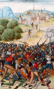Guerra dos Cem Anos: A Batalha de Pontvallain entre franceses e ingleses em 4/12/1370" Miniatura de "Chronicles" de Jean Froissart (1337-1400) Paris do século XV. B.N. de Unknown artist