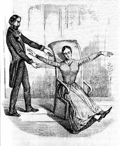 Hipnose: um homem a praticar hipnose numa mulher cataléptica. de Unknown artist