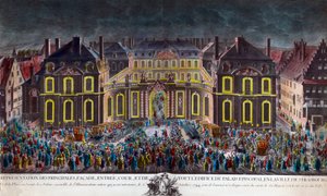 Iluminações do palácio episcopal da cidade de Estrasburgo durante as celebrações dadas pela cidade durante a estadia do rei Luís XV (1710-1774) em convalescença após uma grave doença em 5/10/1744. Período Imprimir Coleção Privada de Unknown artist