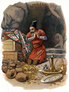 Ilustração para os Contos das Mil e Uma Noites. Ali Babá (Ali-Baba) entra na rocha, dizendo: Sésamo te abre e vê barris de ouro. Cromolitografia por volta de 1890. de Unknown artist