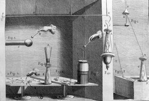 Ilustração de experiências de Luigi Galvani, físico e médico italiano (1737 - 1798) explicando a passagem de corrente elétrica movendo as pernas de um sapo. de Unknown artist