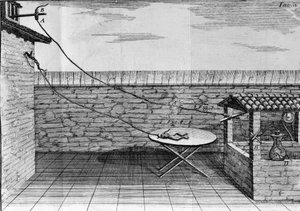 Ilustração de experiências de Luigi Galvani, físico e médico italiano (1737 - 1798) explicando a passagem de corrente elétrica movendo as pernas de um sapo. de Unknown artist