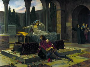 Ilustração da última cena do ballet "Romeu e Julieta" de Piotr ou Petr Ilyich Tchaikovsky (ou Tchaikovsky ou Ciajkovskij ou Tchaikowsky de Unknown artist