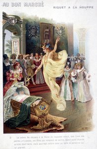 Ilustração do conto "Riquet à la houppe" de Charles Perrault (1697): a fada anuncia à Rainha que a princesa que acaba de nascer será tão estúpida quanto bonita. Cartaz "Au bon marché" do século XIX. de Unknown artist