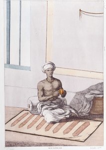 Cultura, civilização e sociedade indiana: músico com percussão indiana tradicional. Gravura a partir de 1808. de Unknown artist