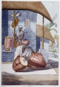 Cultura, civilização e sociedade indiana: músico com percussão tradicional indiana (Tikora). Gravura a partir de 1808. de Unknown artist